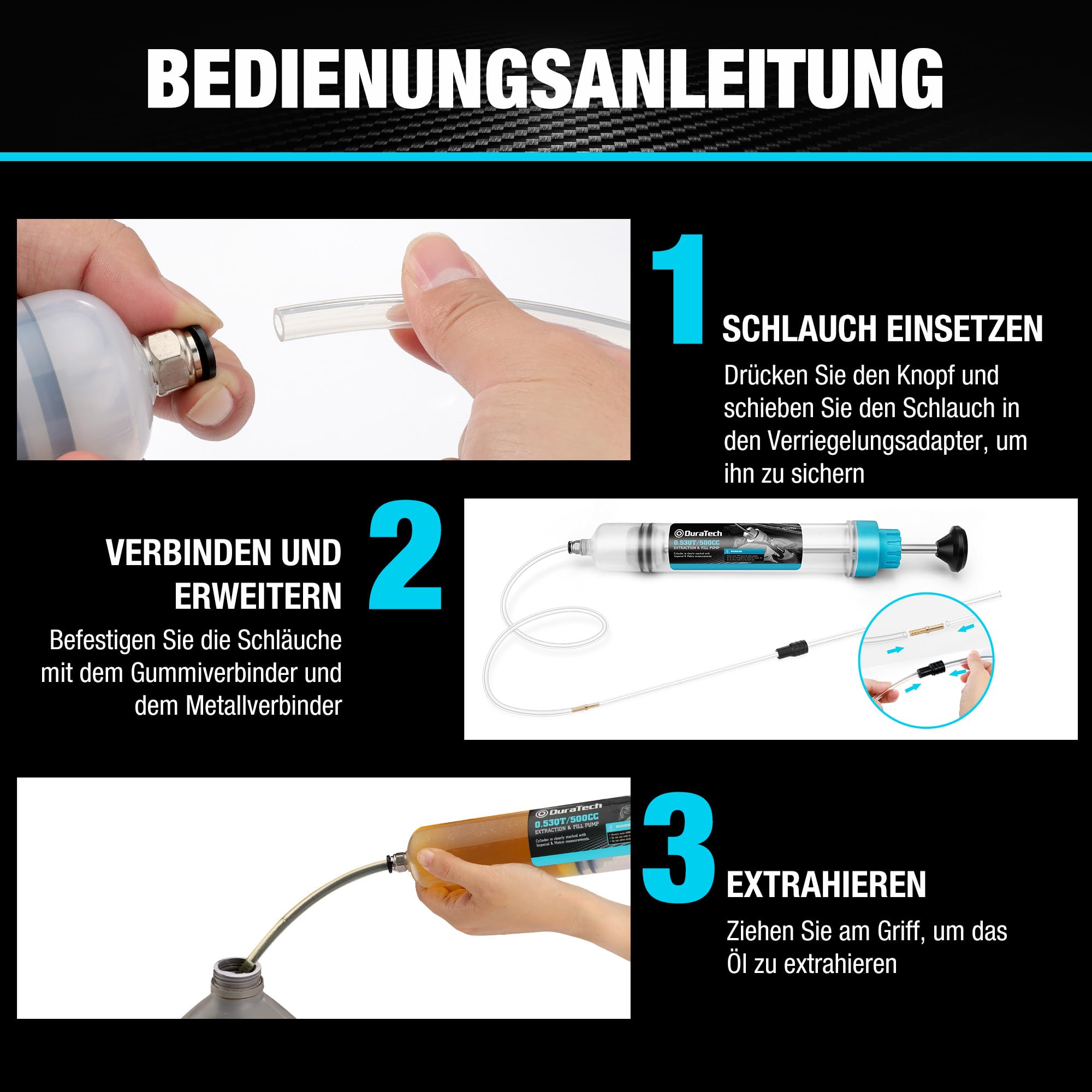 DURATECH 500 ml Ölabsaugpumpe, Ölabsaugspritze, Ölspritze, Flüssigkeitsabsauger mit 2 Schläuchen und Ersatzringen, zum Absaugen und Einspritzen von Öl und Flüssigkeiten