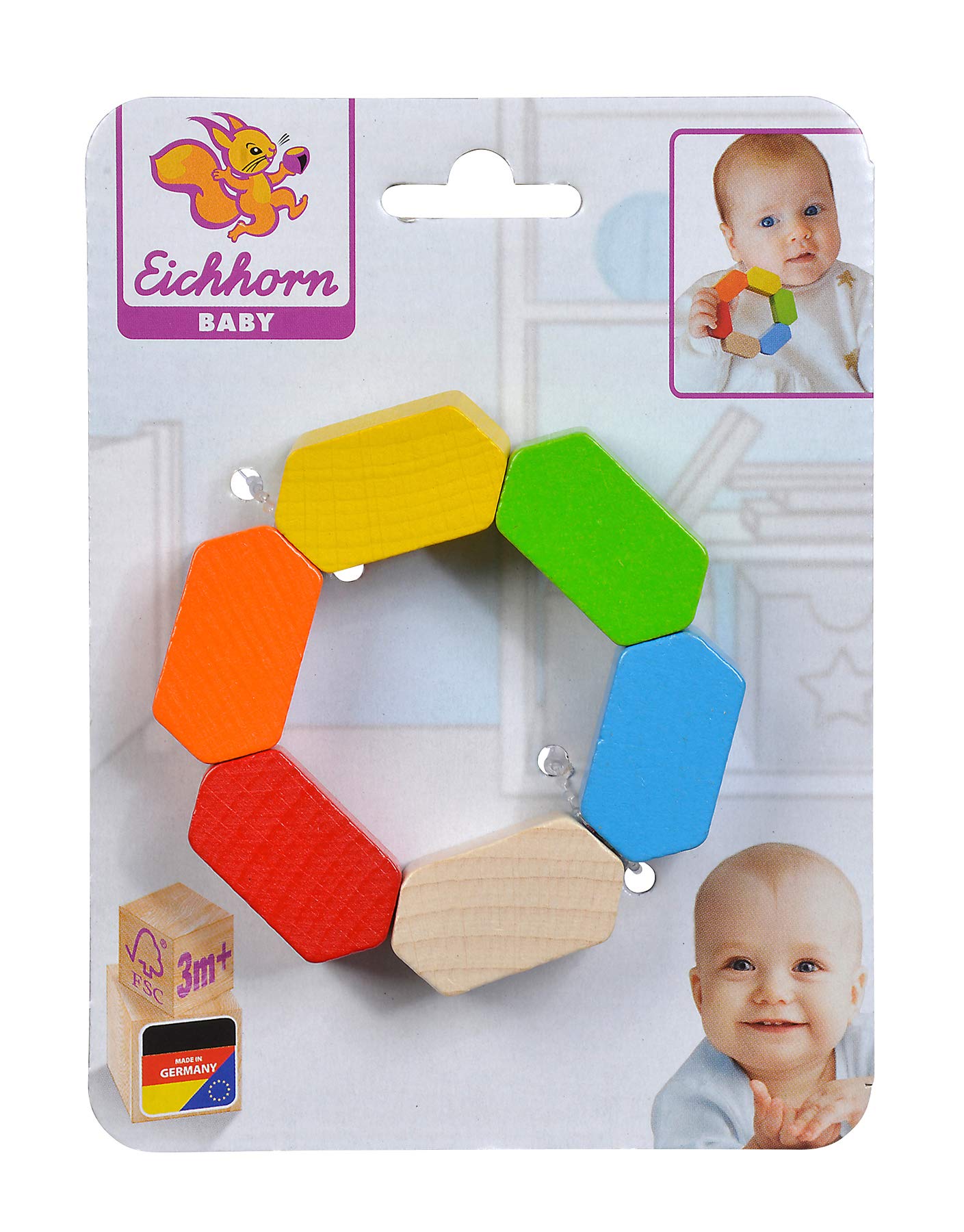 Eichhorn Sonajero Hexagonal para bebé 100017037, Juguete de Agarre geométrico para fomentar Las Habilidades motrices de Colores, de Madera de Haya certificada FSC 100%, a Partir de 3 Meses