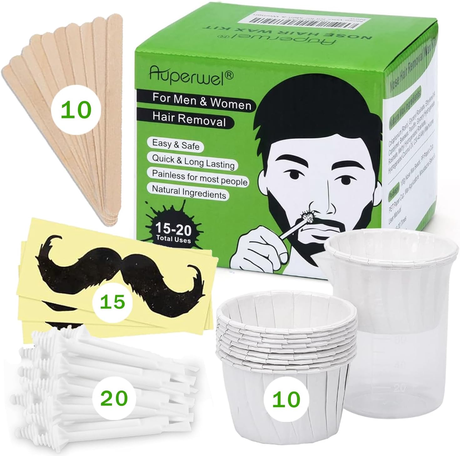 Nose Wax Kit Men and Women with 20 Applicators (15-20 Uses), Nose Hair Wax Kit for Nose & Ear Hair Removal, Painless & Fast, Long-Lasting Results Up to 5 Weeks (100g Nose Wax)