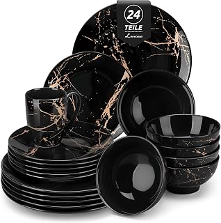 LOVECASA Daphne Porzellan Geschirrset 24-teilig für 6 Personen, Schwarz mit Gold Marmor Design, Tafelservice Set mit Essteller, Dessertteller, Schüssel und Tassen
