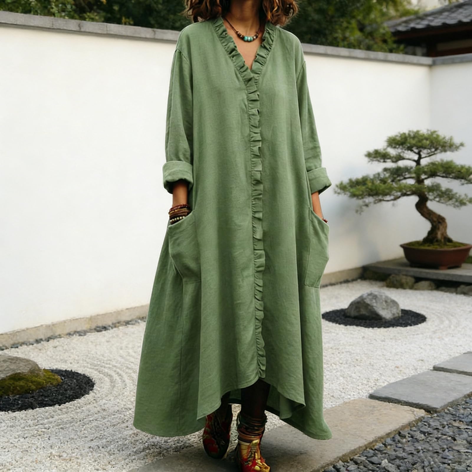 Maxi abito estivo da donna con volant e scollo a V, a maniche lunghe, stile boho, con tasche, casual, vestibilità ampia