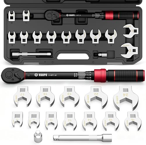 VANPO 15-Piece 3/8 Drive Metric Crowfoot Wrench Set 10-24mm with 5-45 Ft-Lb Torque Wrench for Tight Spaces VANPO 15-Piece 3/8 Drive Metric Crowfoot Wrench Set 10-24mm with 5-45 Ft-Lb Torque Wrench for Tight Spaces