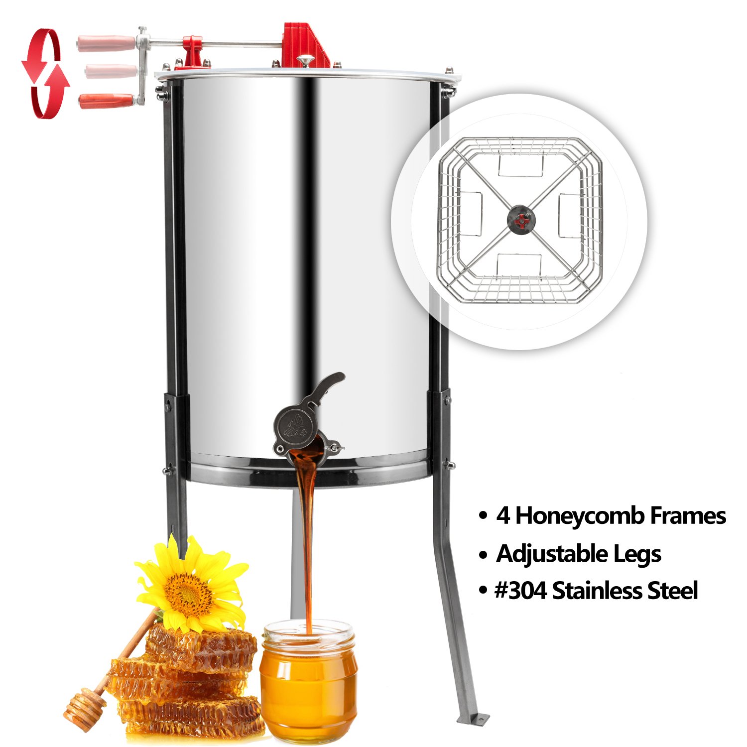 VINGLI Upgraded 4 Frame Honey Extractor Separator,304 Food Grade Stainless Steel Honeycomb Spinner Drum Manual Crank With Adjustable Height Stands,Beekeeping Pro Extraction Apiary Centrifuge Equipment - Image 2