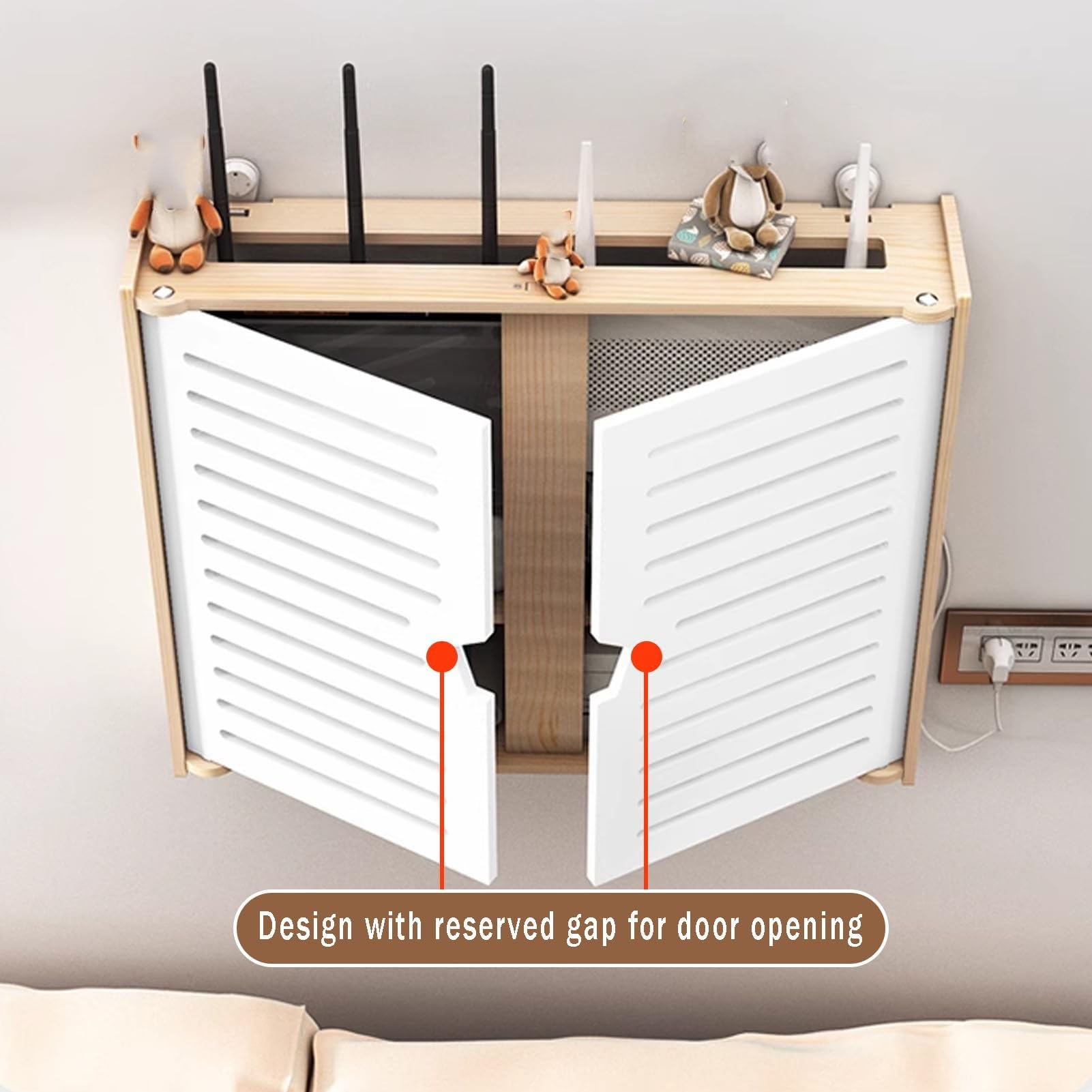 2-stufige WLAN Router Versteckbox für Steckdosenleiste, Kabelmanagement dekoratives Wand montiertes Heimmedien Aufbewahrungsregal, Holz(47x10x43cm)