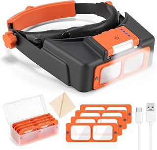 Headband Magnifier with Light, Rechargeable Magnifying Glasses for Close Work, 1.5X - 3.5X Magnifying Headset with 4 Lenses, Jewelers Magnifying Glass Optivisor Loupe Visor for Reading,Crafts,Hobby
