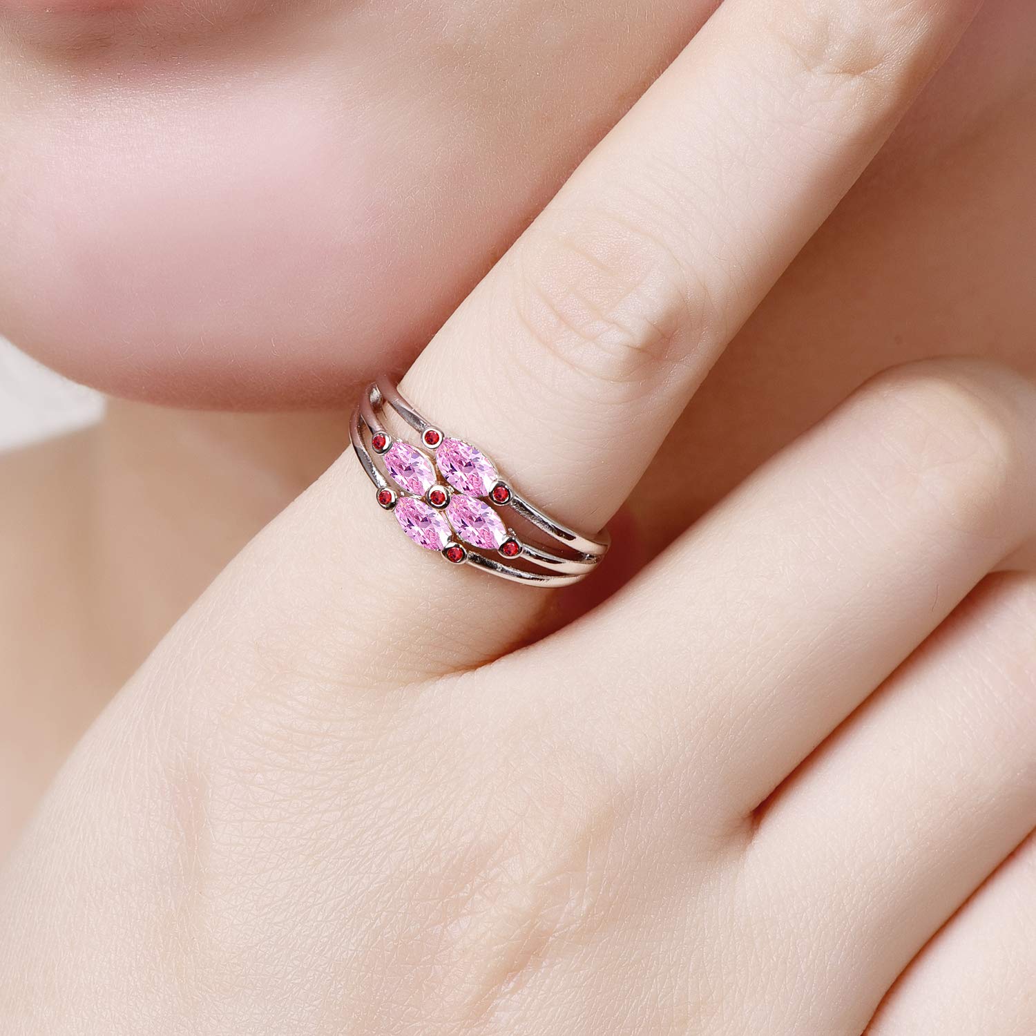 Emsione 925 Sterling Silver Plated Created Pink Topaz 4 Stone CZ Oval Cut Triple Row Eternity Promise Ring Engagement Wedding Bands for Women Size 6