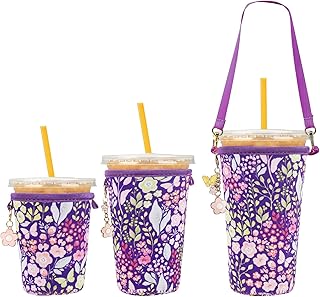 3PC Reusable Neoprene Iced Coffee Sleeve with Strap & Charms Perfect Cold Drink Sleeve for Iced Drinks, Coffee Cup Sleeves, and More Durable, Insulated Coffee Sleeves for Iced Coffees & Cold Beverages