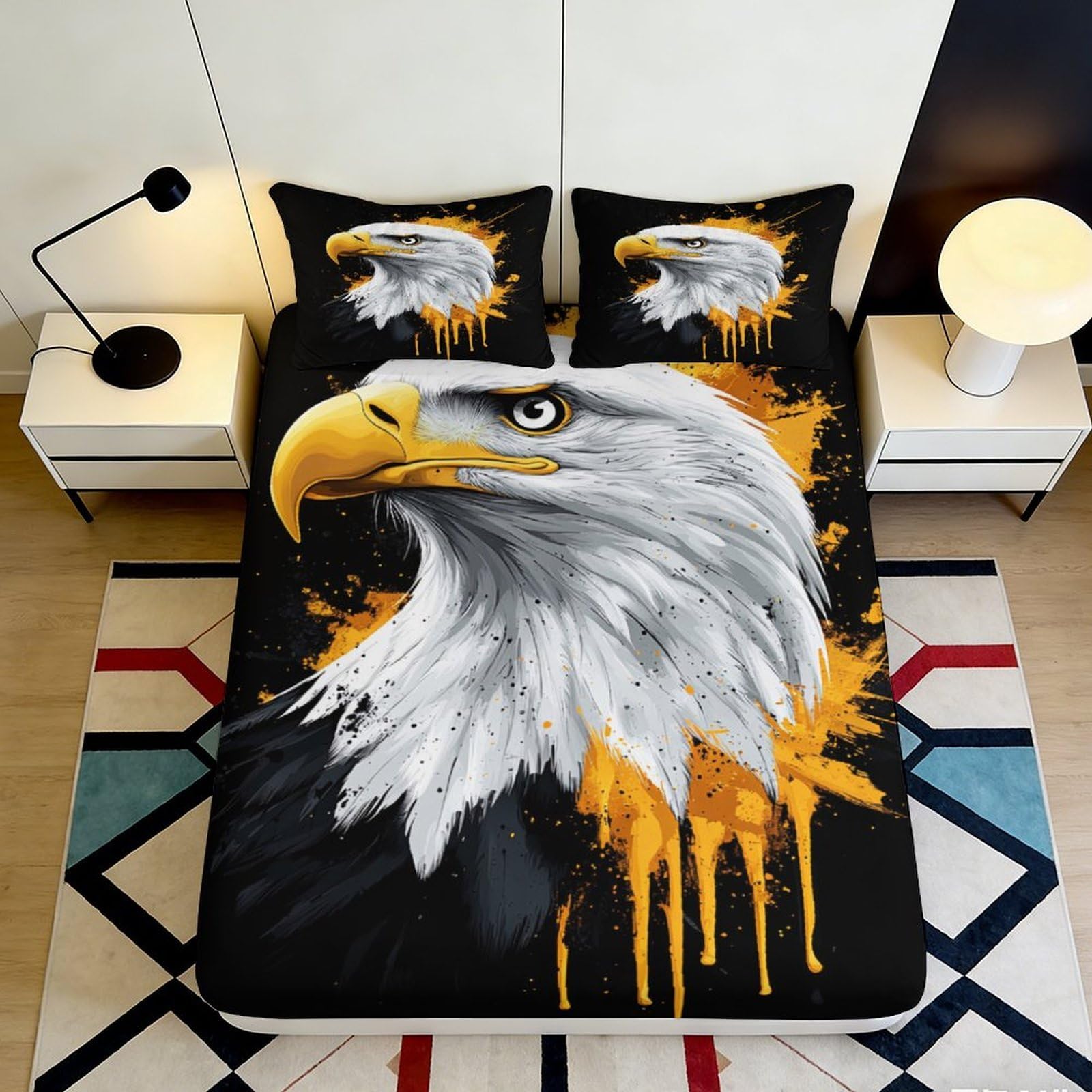 3D Printed Bald Eagle Fitted Sheet Microfiber Soft Anti-Slip Wild Animal Mattress Cover for Bedroom Decor 160x200x25cm
