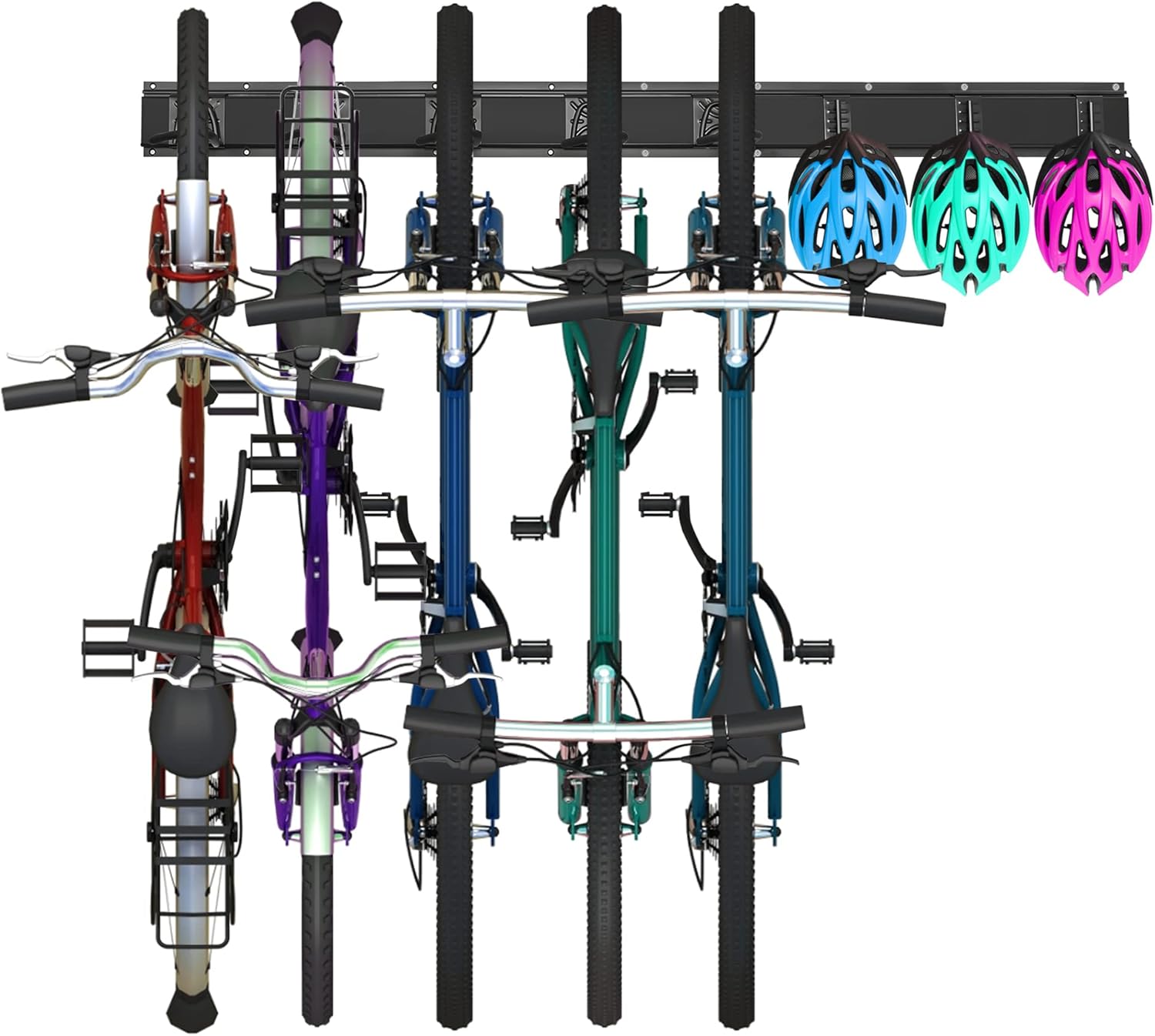 Wall-mounted Vertical Adjustable Bike Rack Garage Storage System with 5 Adjustable Hooks 3 Helmets Hooks for Indoor & Home Use