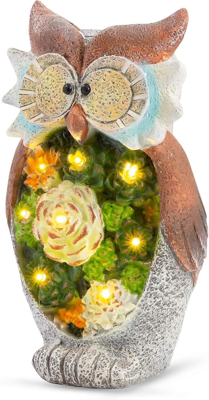 Globrite Multicolor Garden Ornament Owl Figurine With Solar Powered Led Light - Outdoor Waterproof Resin Garden Statue Sculpture For Yard Lawn Patio Pathway Party Decoration