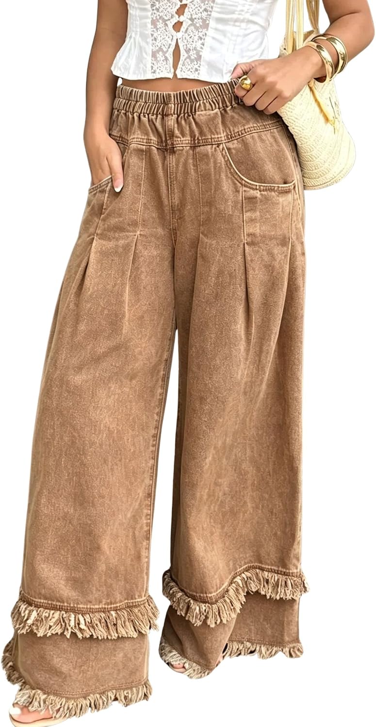 chouyatou Women's Frayed Fringe Wide Leg Jeans Pleated Baggy Denim Pants image 4