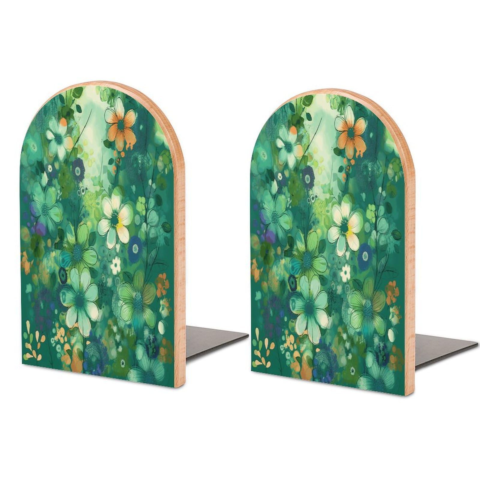 Sujetalibros abstractos verdes florales para estantes y organizador de libros de madera