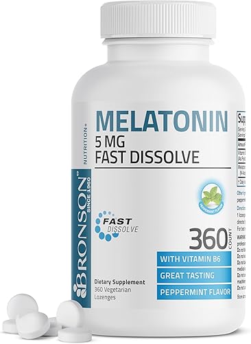 Bronson Melatonina 5 mg tabletas de menta de disolución rápida con vitamina B6 - Promueve la relajación, 360 pastillas masticables vegetarianas