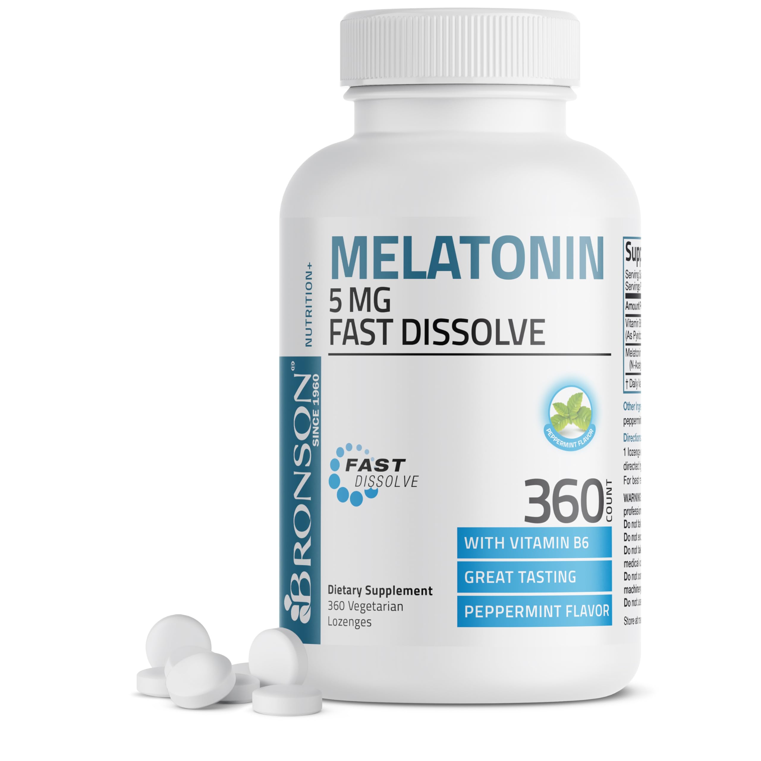 Bronson Melatonin 5 mg gyors oldódó borsmenta tabletták B6 - Promotes Relaxation, 360 vegetáriánus rágótabletta