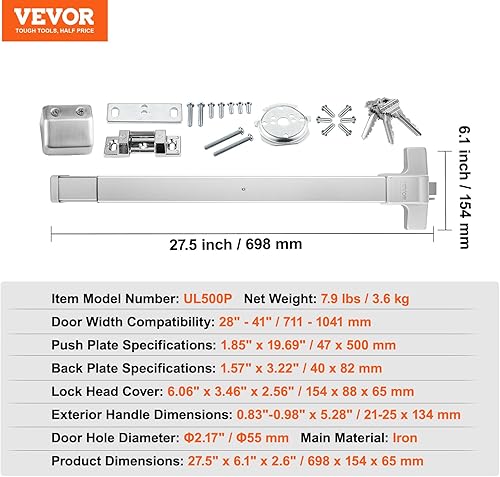 Miniatura 6 de VEVOR Cerraduras de puerta de barra de empuje, barras de pánico de acero al carbono para puertas de salida, con palanca exterior y 3 llaves,