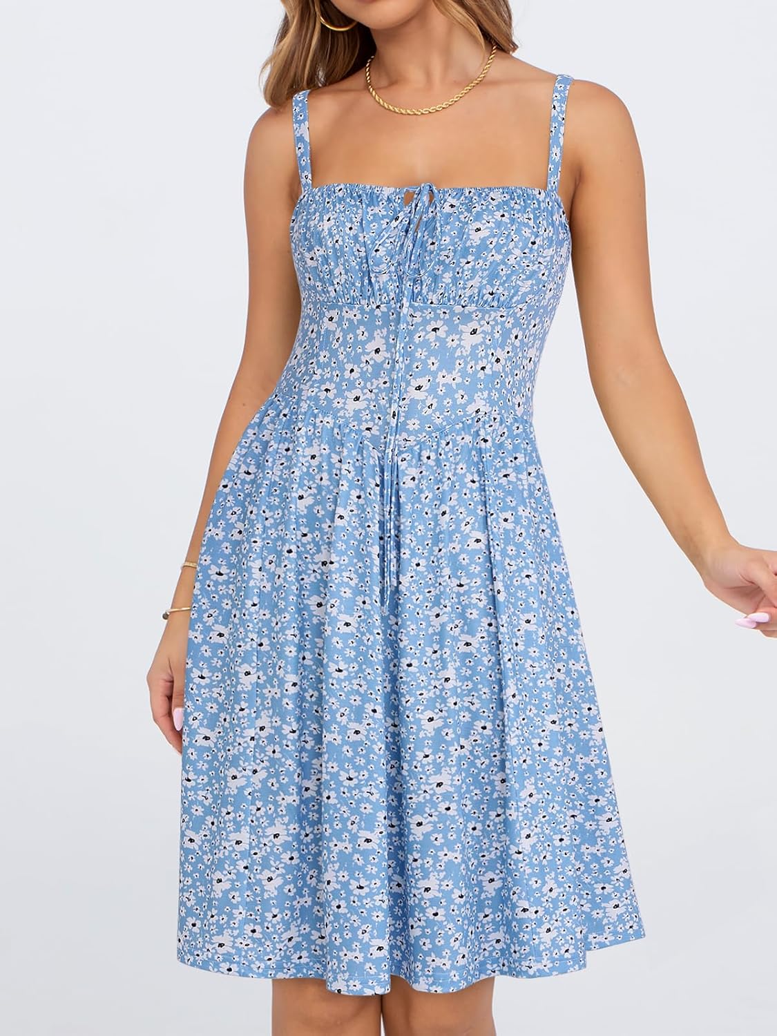 YATHON Summer Mini Corset Sun Dress for Women Short Casual Square Neck Lace Up Floral Beach Vacation Dresses with Pockets - Image 3