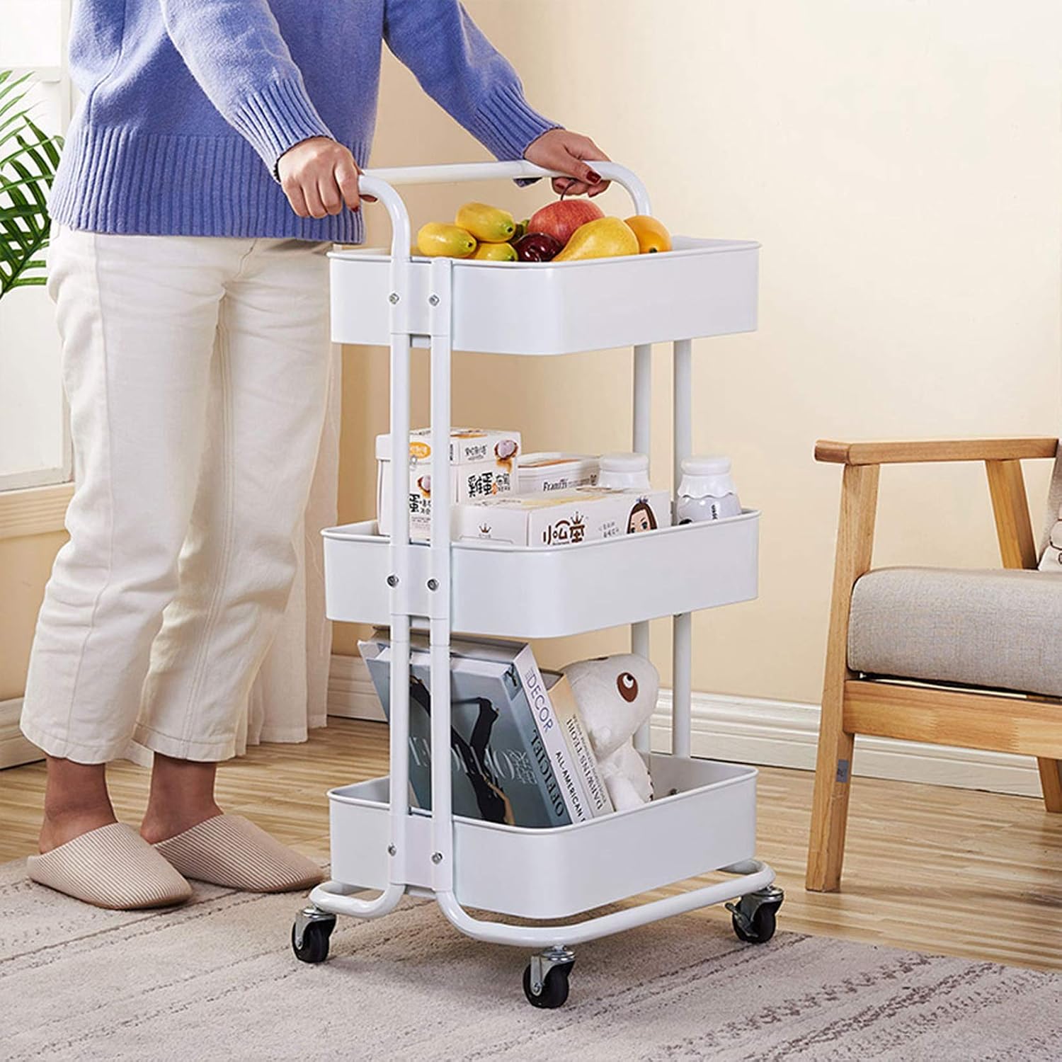 Super Deal Product DOLMER 3-Tier Home Kitchen Storage Utility cart with Handle-White Industrial Vintage Standing Shelf Unit, Modern Organizers Black Friday - 40% OFF DOLMER 3-Tier Home Kitchen Storage Utility cart with Handle-White Industrial Vintage Standing Shelf Unit, Modern Organizers