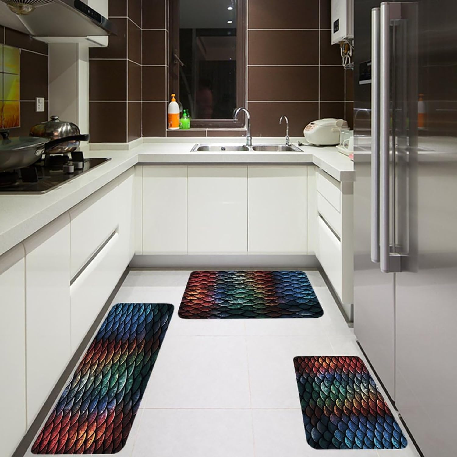 Dragon Scale Kitchen Rugs Set of 3 Non Slip Washable Kitchen Mats for Floor Soft Area Rug Kitchen Floor Mat Cushioned Anti Fatigue Mats Standing Sink Mat Decor Runner Rugs