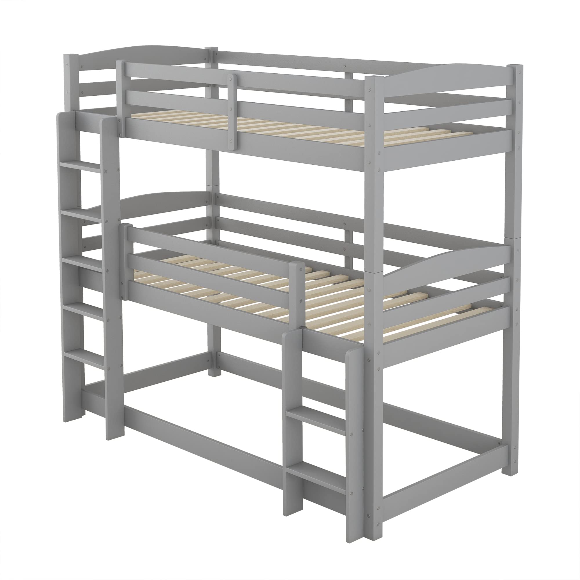 Azkoeesy Litera para 3 Niños 90x200 cm, Estructura Modular, con Somier y Barandilla de Seguridad, Madera de Pino Color Gris