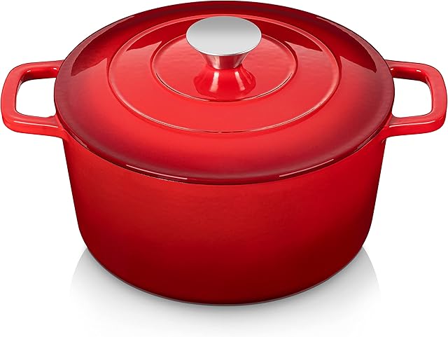 Velaze Casserole Dish Cast Iron Braising Pan Oval, Classic Red Enamel Dutch Oven, Non Stick Enamel Coating, Good Sealing, Lightweight, for All Heat Source, Pot's Body Cast Iron Soup Pot 5 L