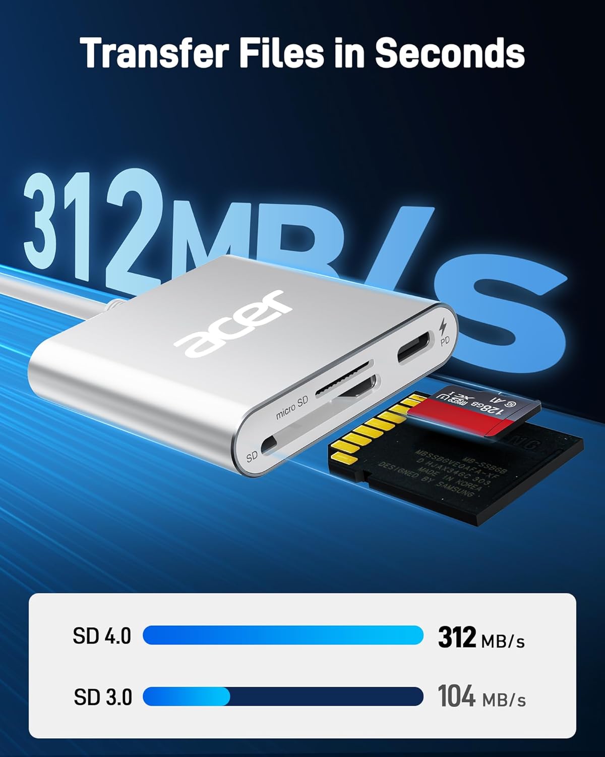 Acer SD 4.0 Card Reader, UHS-II Micro SD Reader USB C, Dual Slot Type C Memory Card Adapter with 100W PD Port for MicroSD SDXC SDHC UHS-II & UHS-I for iPhone 15/16, Laptop, MacBook(Silver) image 2 of 8 B0D78X1RP1