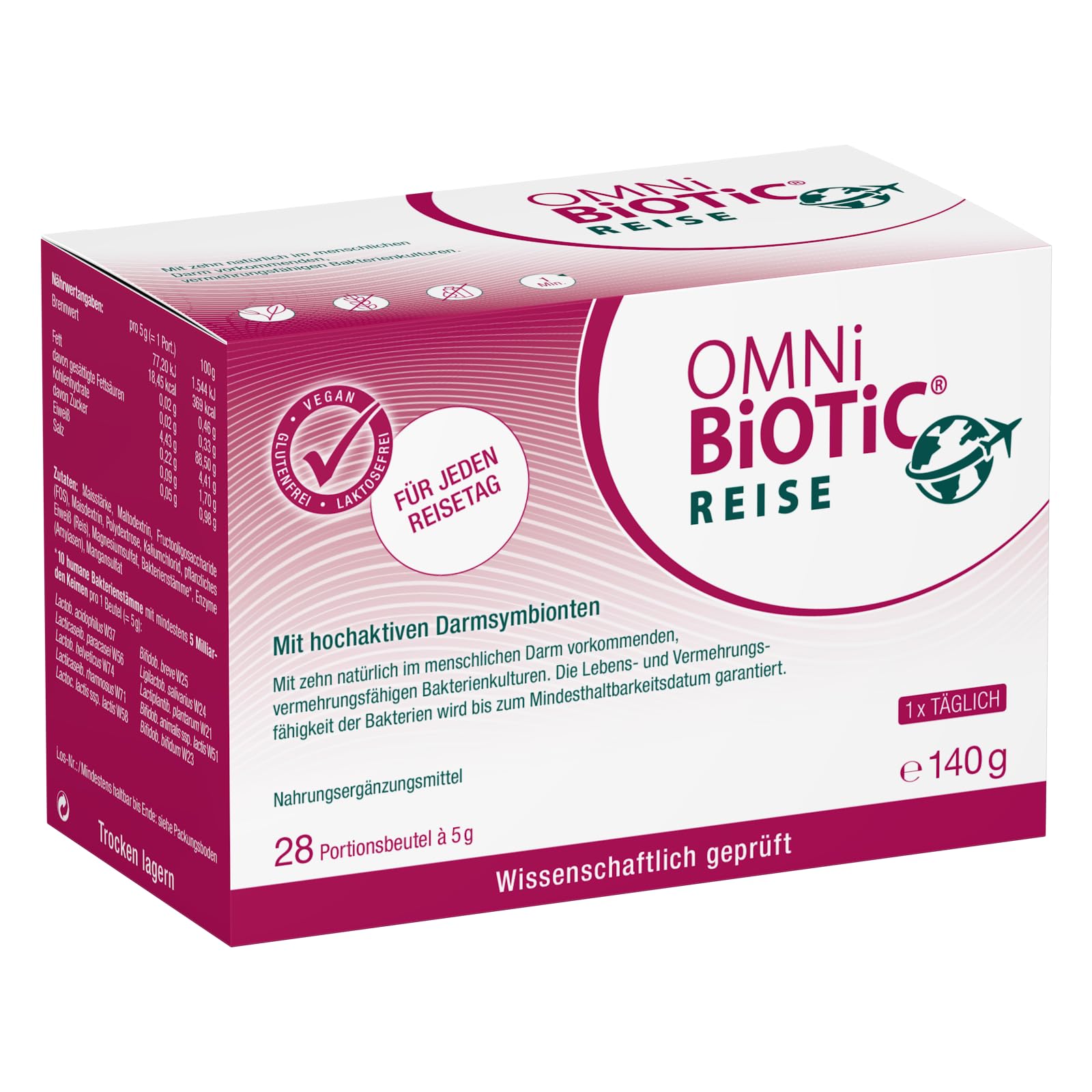 OMNi BiOTiC Reise | Für jeden Reisetag | 28 Portionen (140 g) | 10 Bakterienstämme | 5 Mrd. Keime pro Tagesdosis | Pulver | Vegan | Glutenfrei | Lactosefrei | Zur täglichen Anwendung