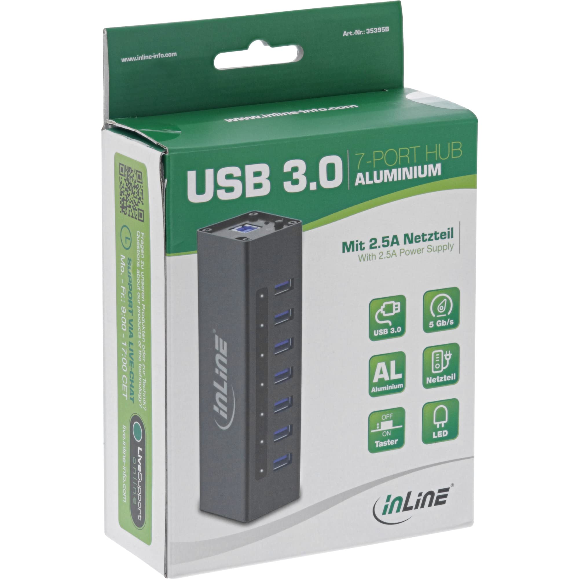 InLine USB 3.0 Hub con Carcasa de Aluminio y la Fuente de alimentación 3A (7-Port Negro