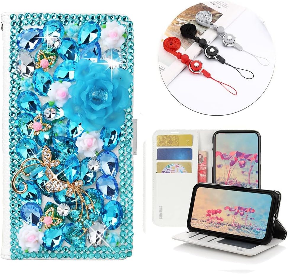 STENES Bling Wallet Phone Case Compatible with iPhone 13 Pro Max Case - Stylish - 3D Handmade Dance Butterfly Rose Flowers Leather Cover with Neck Strap Lanyard [3 Pack] - Light Blue