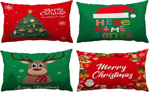 Miniatura 1 de YeeJu Juego de 4 fundas de almohada de Navidad de 12 x 20 pulgadas, fundas de almohada con texto en inglés "Merry Christmas", color rojo y verde,