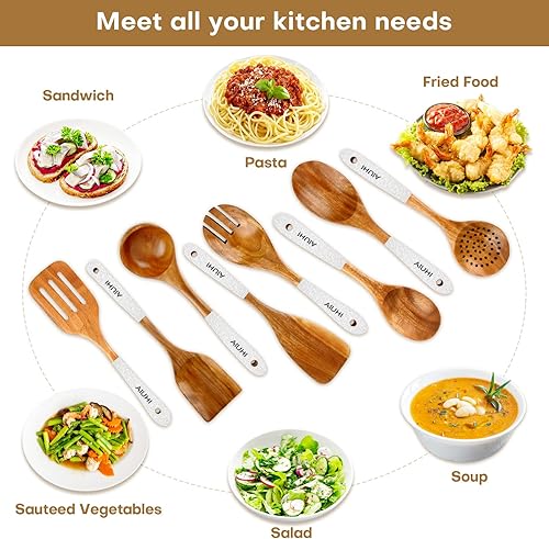 Miniatura 6 de 10 utensilios de cocina de madera para cocina con soporte y reposo, juego de utensilios de cocina de madera, cucharas de madera de teca para