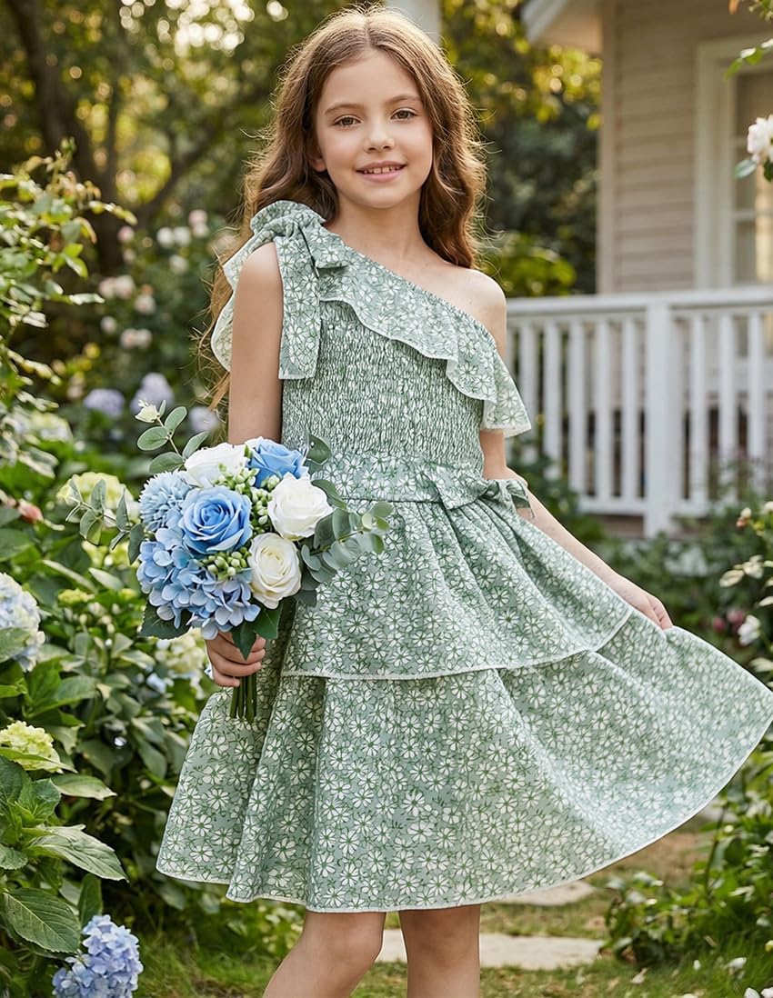 GRACE KARIN Girls Summer Spring Dress Kids One Shoulder Floral Dresses Teen Cute Party Flower 2 Layer Hawaiian Clothes 6-14 - Image 2