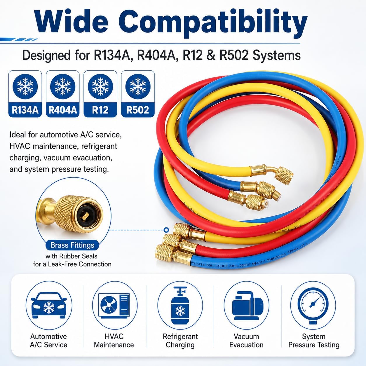 3Pcs R134a AC Manifold Gauge Hose Kit 60 Inch photo 6