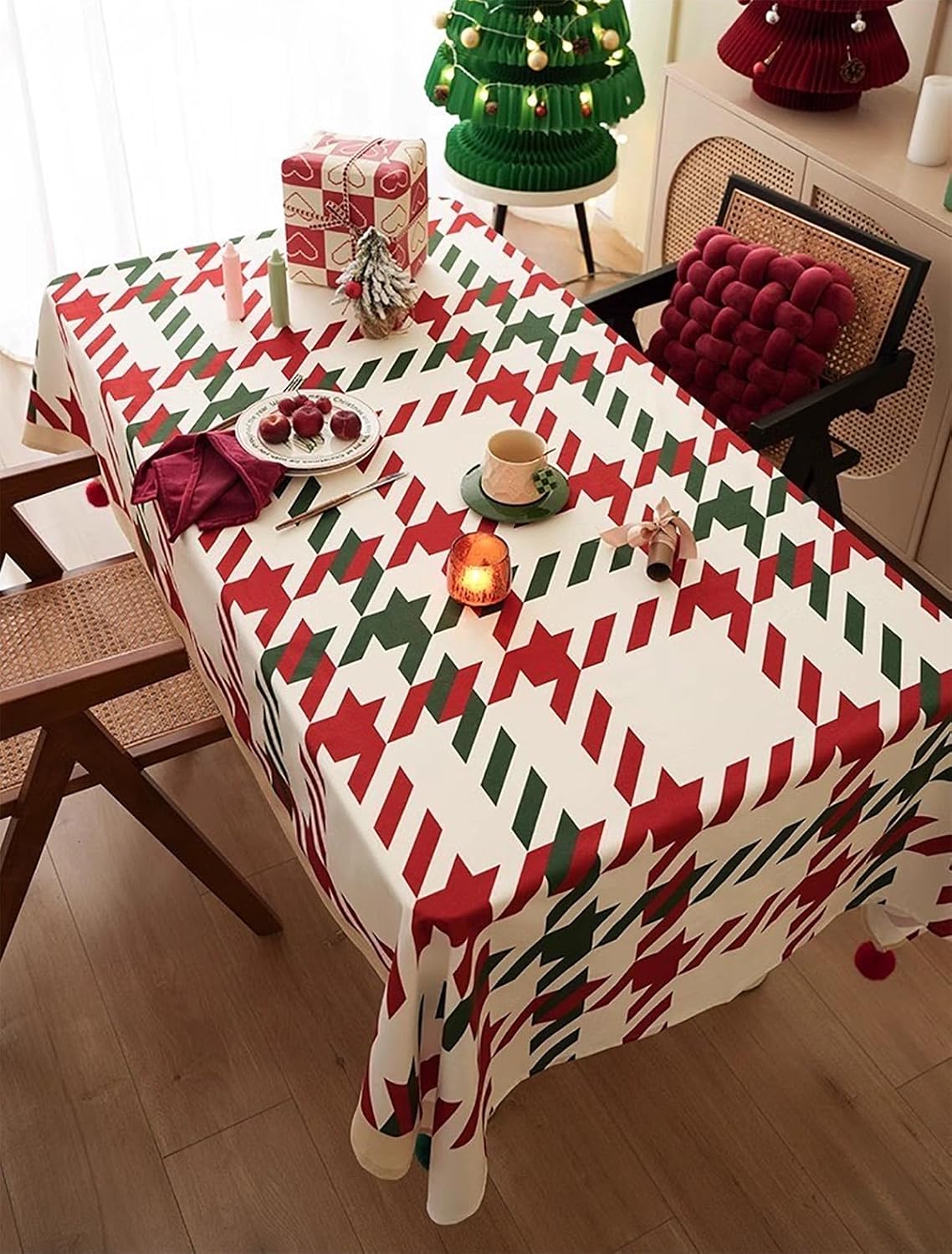Fennco Styles Red and Green Holiday Plaid Pom Pom Christmas Tablecloth 56" W X 56" L - Cotton Blend Festive Table Cover for Winter Holidays, Banquets, Family Gatherings