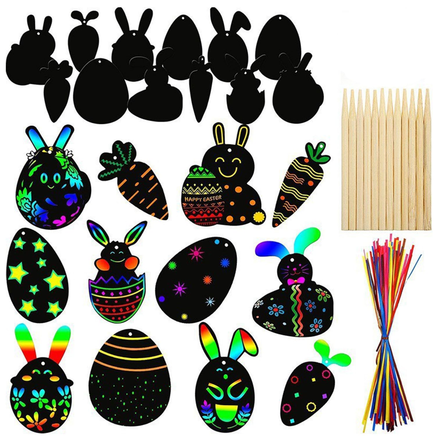 24 Cartes à Gratter Pâques Enfants - Œufs De Pâques Lapin Scratch Art, Avec Stylos & Rubans, Décorations Suspendues