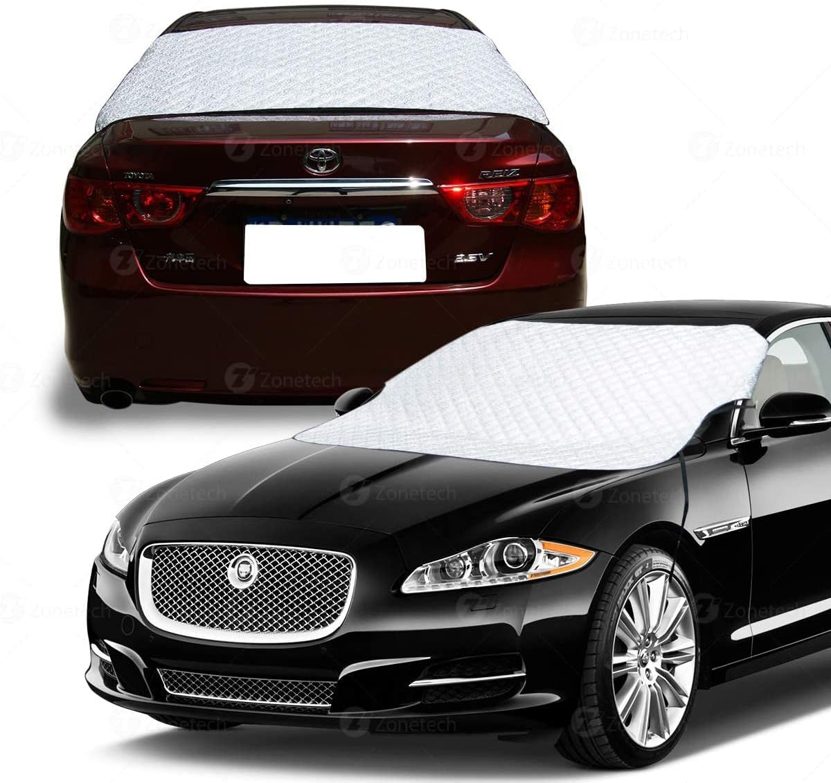 Zone Tech 2-Piece All Weather Windshield Cover Protector - Silver Premium Quality Summer Winter Rear and Front Windshield Cover Protector with Flaps with Side Mirror Cover