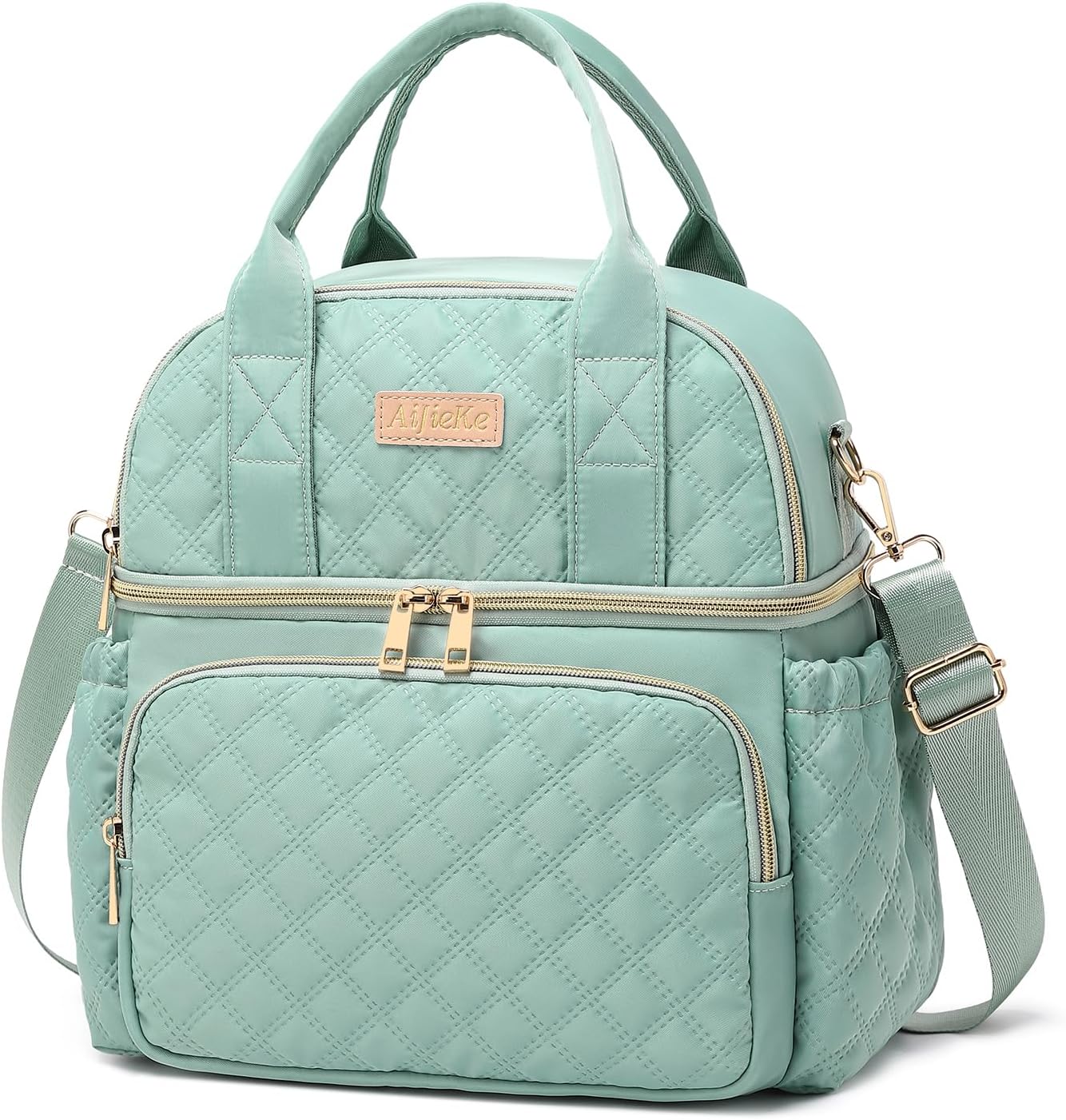 AIJIEKE Lunch Bag for Men Women, Dual Compartment Lunch Box Insulated Lunch Bags, Large Adult Double Deck Leak Proof Lunch Tote Cooler with Adjustable Shoulder Strap for Work Picnic Beach, Green