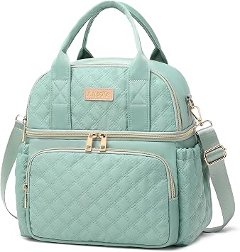 AIJIEKE Insulated Lunch Bag for Women, Double Deck Work Lunch Box, Green | Leakproof reusable cooler tote. Double compartment, strap & side pockets. For adult office, picnic, beach, travel meal prep
