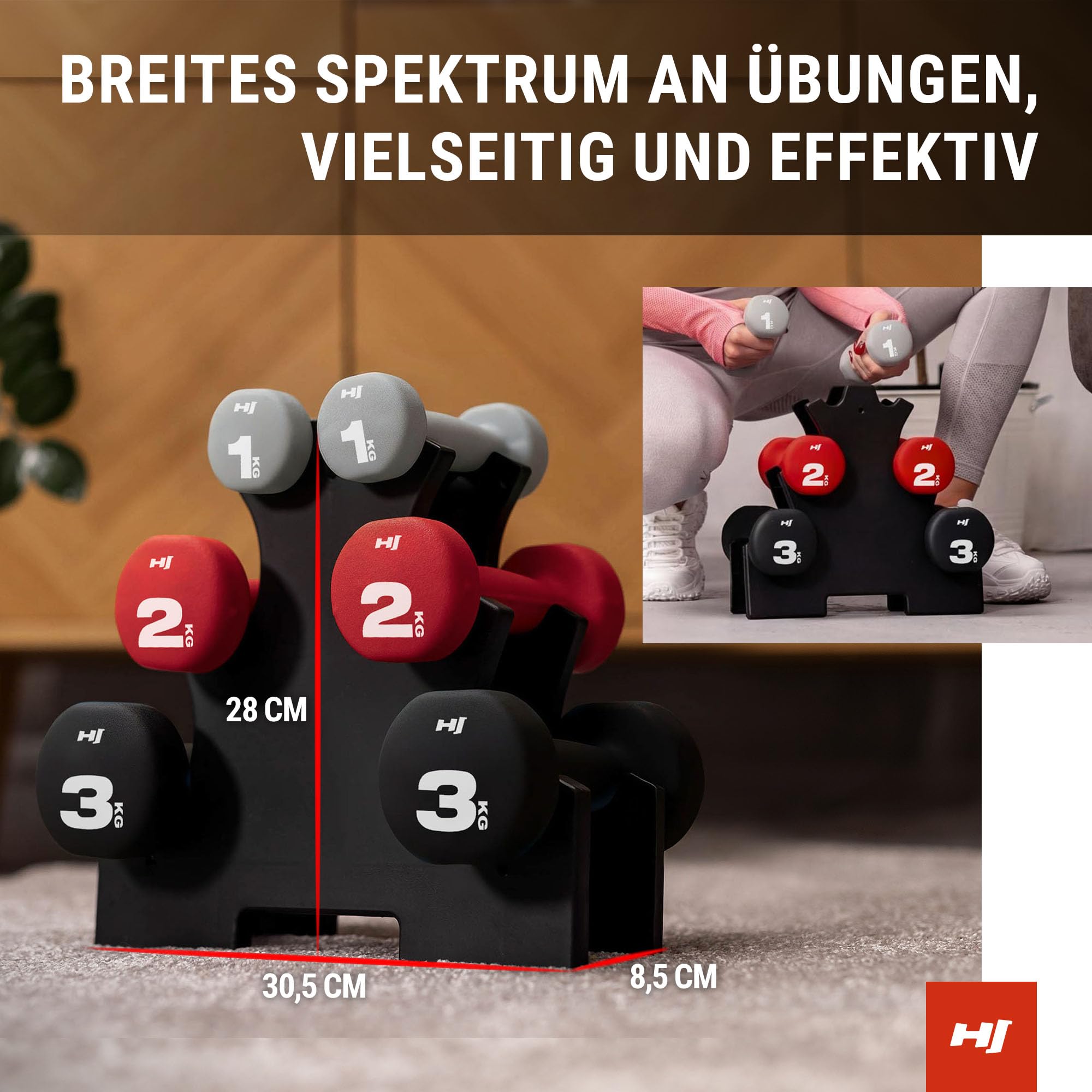 Hop-Sport Hanteln Set, Kurzhanteln 2 x 1 kg, 2 x 2 kg, 2 x 3 kg mit Ständer, Neopren Fitnesshanteln aus Gusseisen, rutschfest für Frauen und Männer, Home Gym, Krafttraining und Pilates