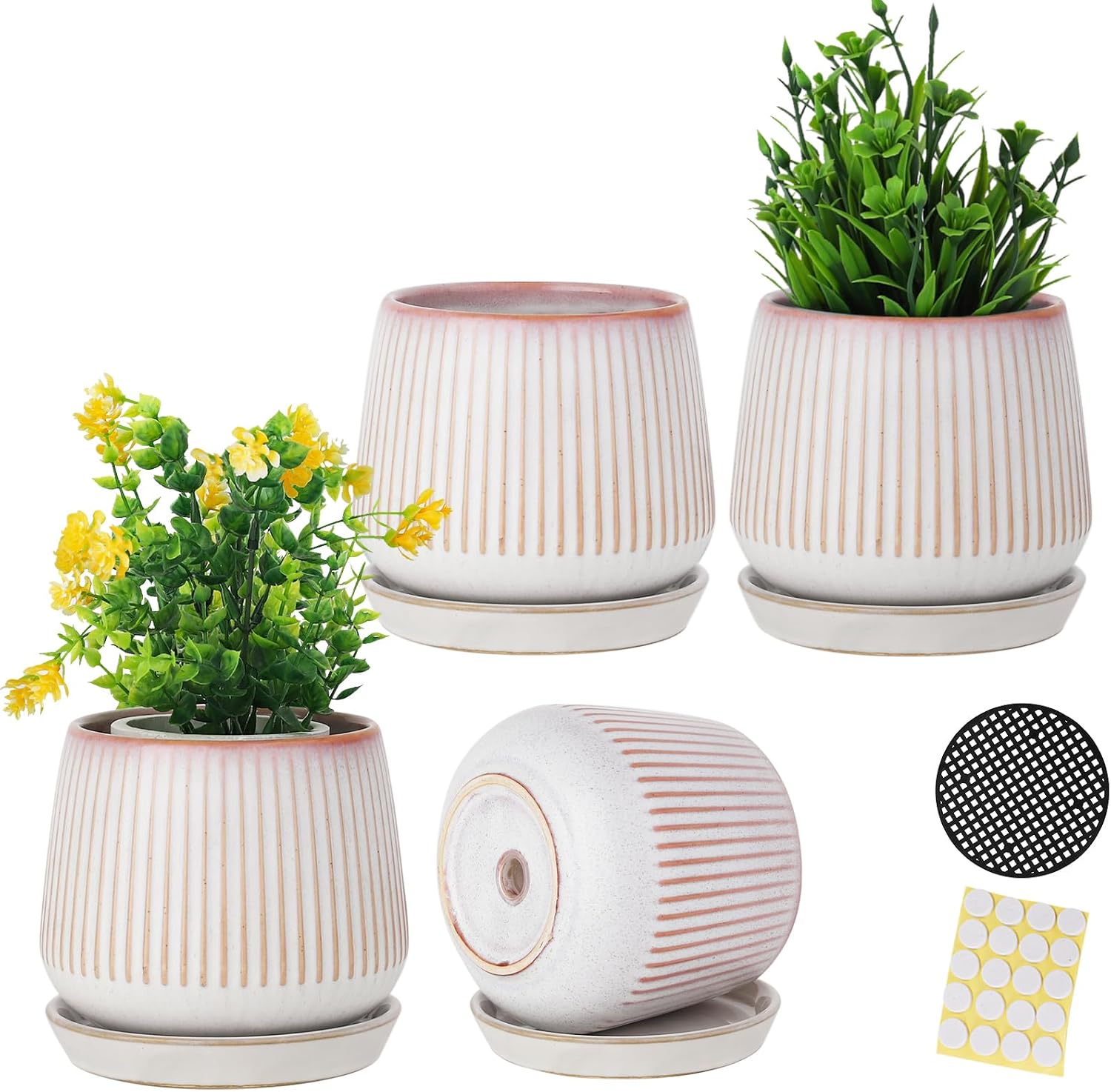 BABALIU 3.5 Inch Ceramic Succulent Planter Pots with Drainage Hole and Saucers, Small Glazed Ceramic Plant Pots for Indoor Flowers, Herbs, Cactus, Outdoor Plants, Pink, Set of 4 (Plants Not Included)
