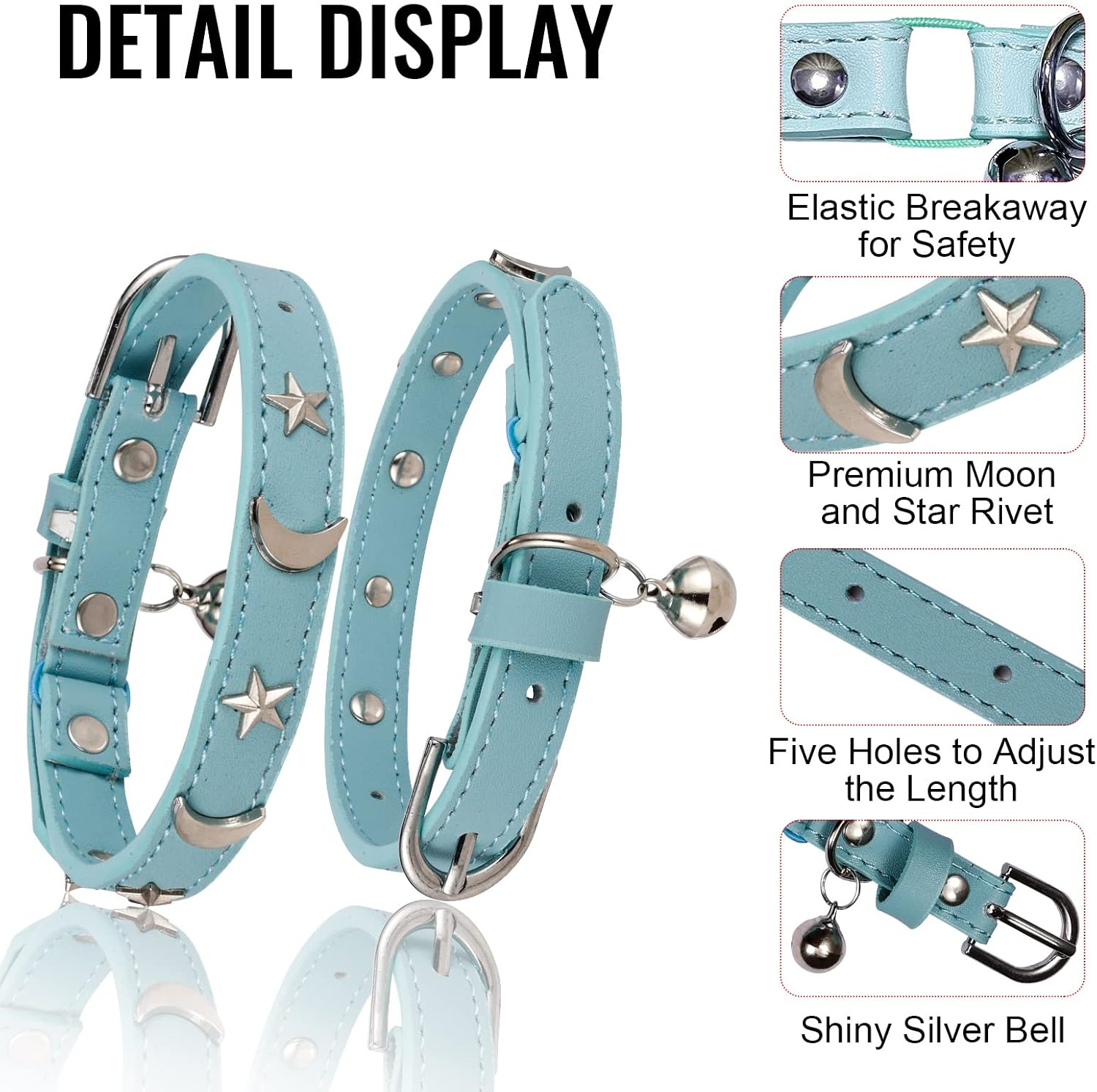 CHUKCHI Leather Cat Collars for Boy Girl Cats with Bell and Safety Elastic Belt, Personalized Star and Moon Stud Adjustable Safe Buckle Collar for Kitty Small Big Cats Size 8-12 InchRose (Blue) image 3