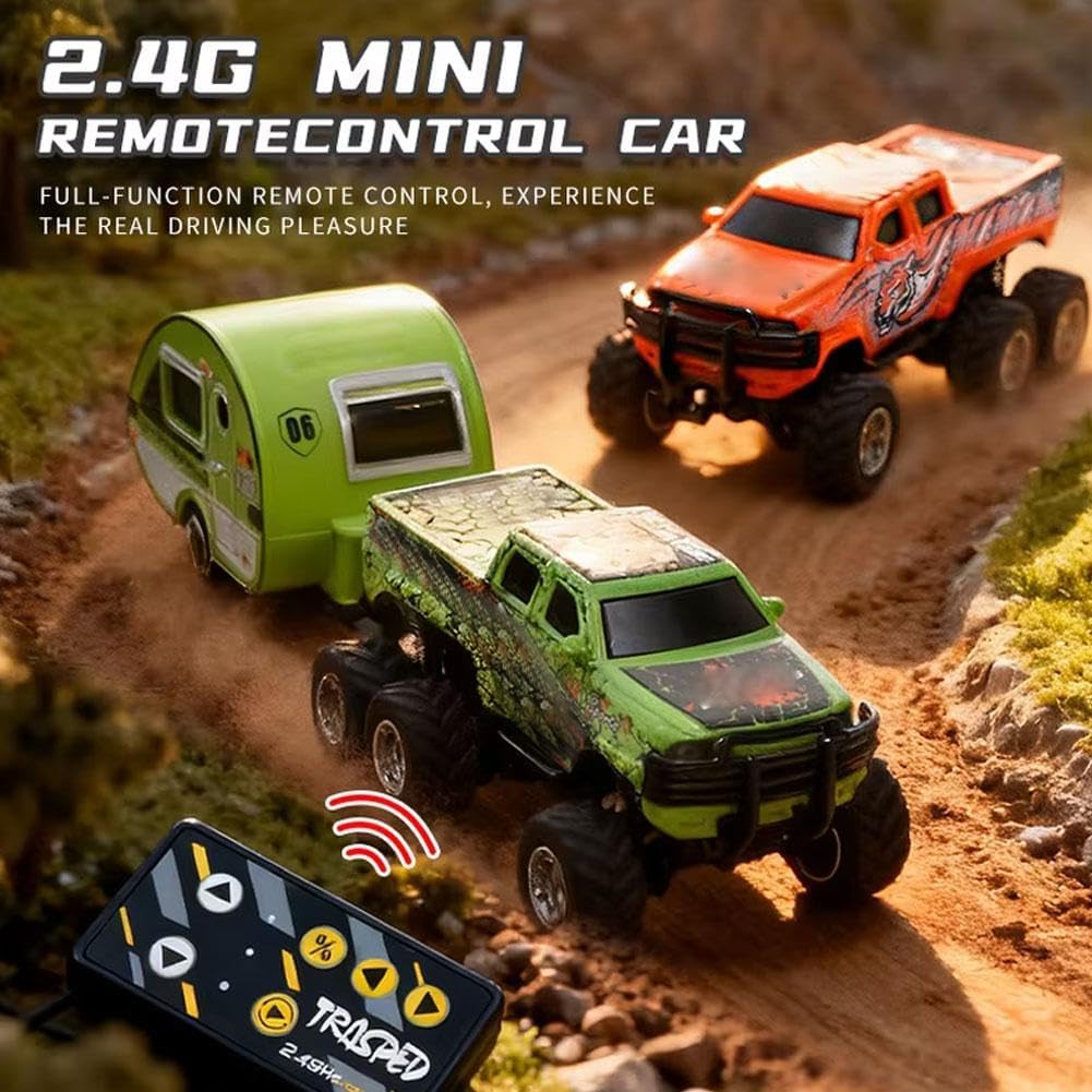 Mini Rc Truck,1/64 Scale Mini Remote Control Monster Truck with Trailer, 2.4Ghz Remote Control & APP, Rechargeable Alloy Shell RC Cars with Lights, Speed/Steering Adjustable (Black)