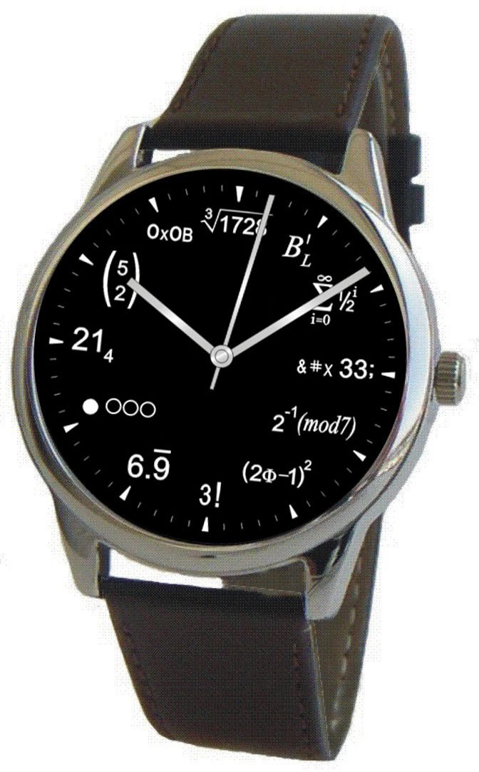 Math Dial Watch Shows Physics Equations on The Black Dial of The Large Polished Chrome Watch with Black Leather Strap