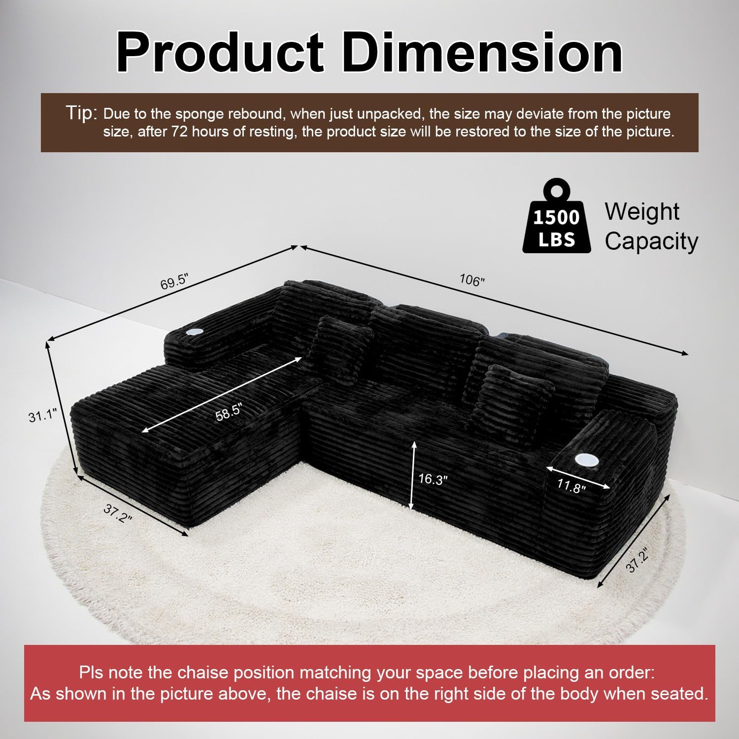 Cloud L-Shape Sectional Couch Modern Modular Sofa Deep Seat Cup Holder Storage No Assembly (Black)