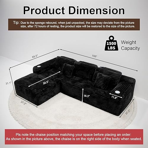 Miniatura 2 de Sofá modular Cloud con diván en forma de L, moderno sofá modular con asiento profundo, portavasos integrado y bolsillo de almacenamiento para sala