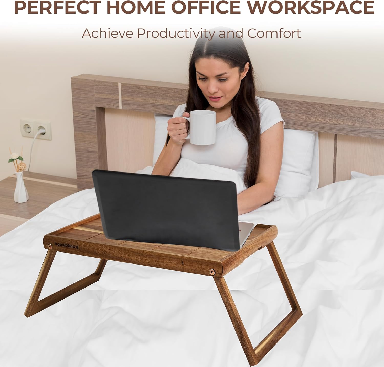 PANDAWOOD Acacia Wood Bed Tray Table - Large Folding Breakfast in Bed Tray with Legs - Laptop Lap Desk for Eating on Couch - TV Dinner Tray with Handles (Light Brown)