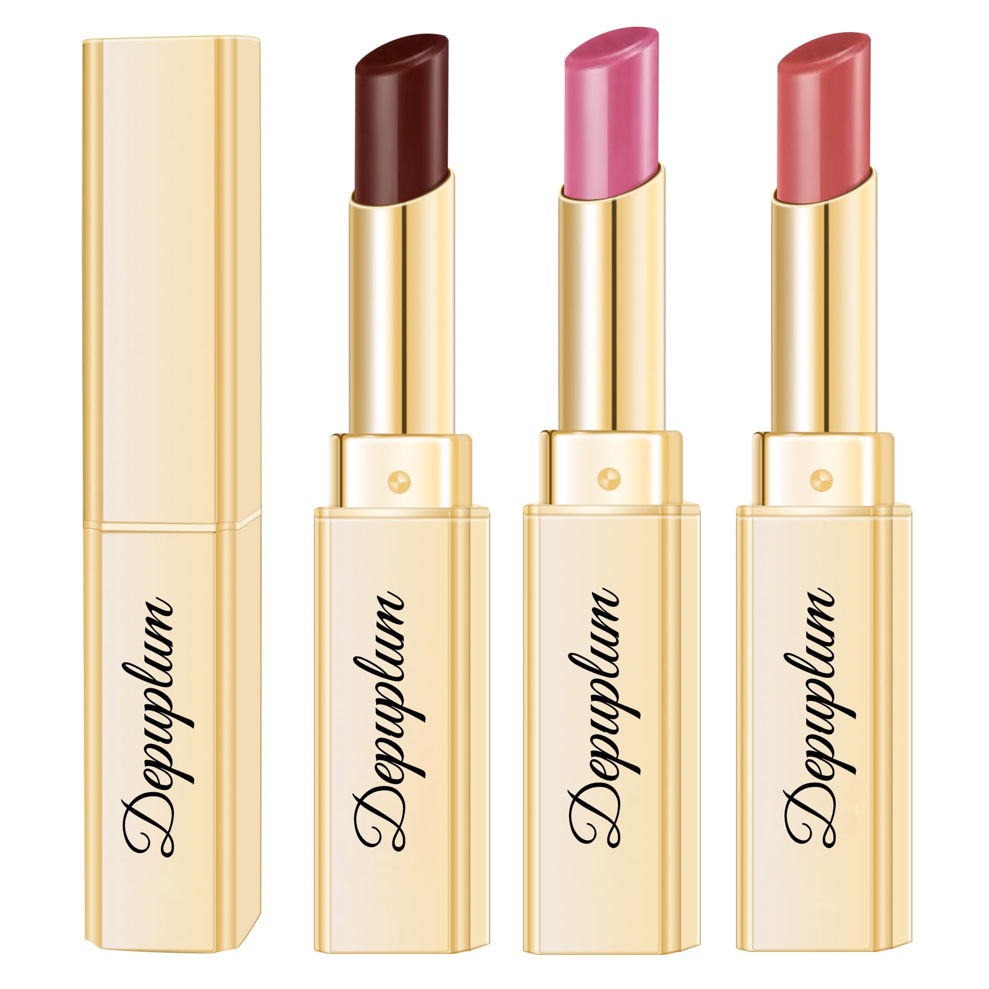Depuplum 3Pc Brown Lipsticks Set for Women Hydrate Lipstick Glossy Moisture Lip Gloss Brown Pink Nude Color Lipsticks for Dry Lips, DM65/88/95