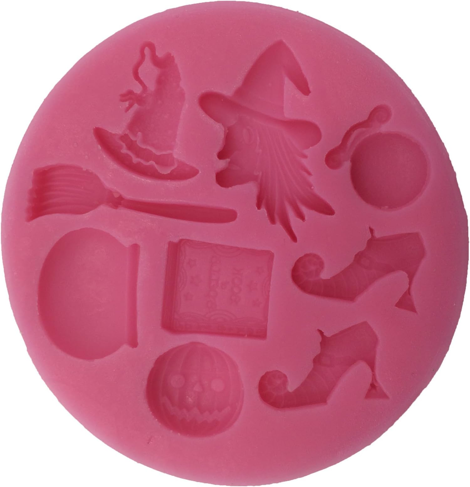 Halloween Sugarcraft fondant fimo cake topper icing sugarpaste silicone mould Sugarcraft fondant fimo cake topper icing sugarpaste THE WITCH silicone mould (includes shoes , spell bag , witch face , hat , broom ,cauldron , spell book , pumpkin) D 9.5 x H 1 cm PINK
