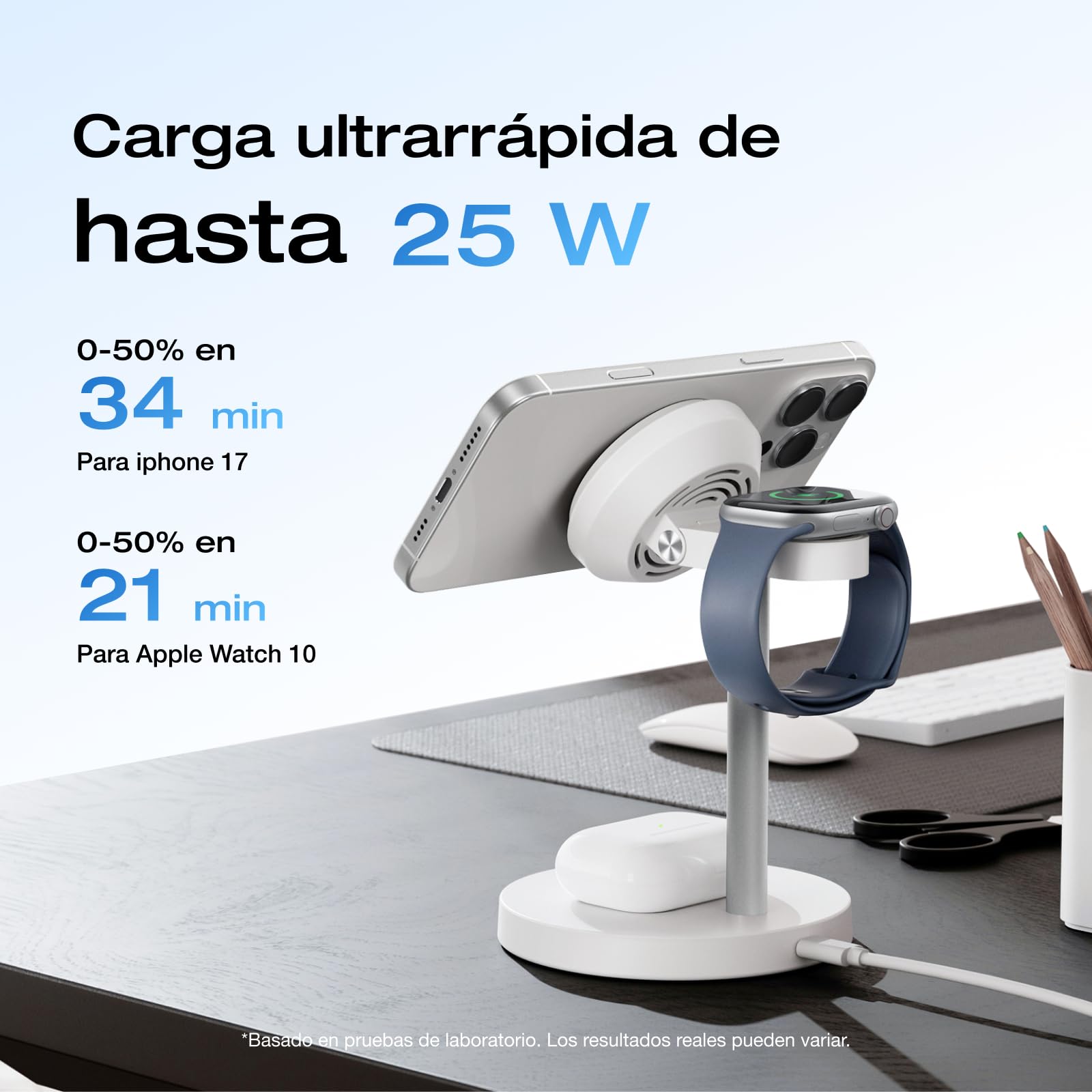EcoFlow Estación de Carga 3 en 1 Qi2 con Soporte Ajustable, estación de Carga inalámbrica para iPhone, Cargador magnético inalámbrico de 15 W para iPhone 17/16/15/14 Series, Apple Watch y