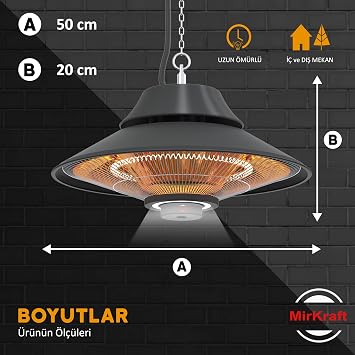 MirKraft Elirg RC سخان كهربائي خفيف LED، 2000 واط، جهاز تحكم عن بعد، مستويين للتدفئة، IP45، سخان شرفة، سخان خيمة، سخان حديقة شتوية، سخان الكربون بالأشعة تحت الحمراء (Elirg RC)