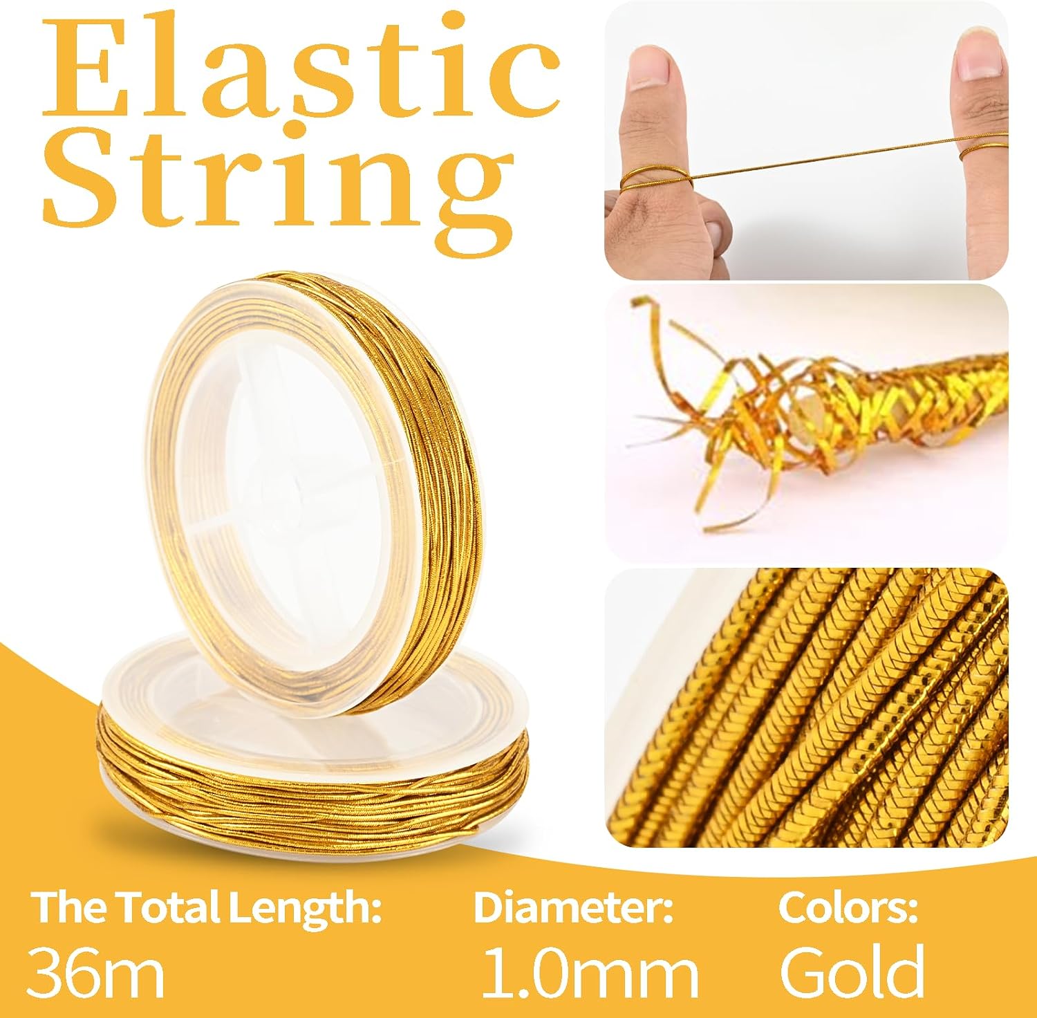 2 Rolls Metallic Elastic Cords Elastic String Gold Stretch Cord Metallic Tinsel Rope for Craft Making Gift Wrapping, Jewelry Making Hair Braids Bracelets, Christmas Crafts DIY 1.0 mm 118 ft